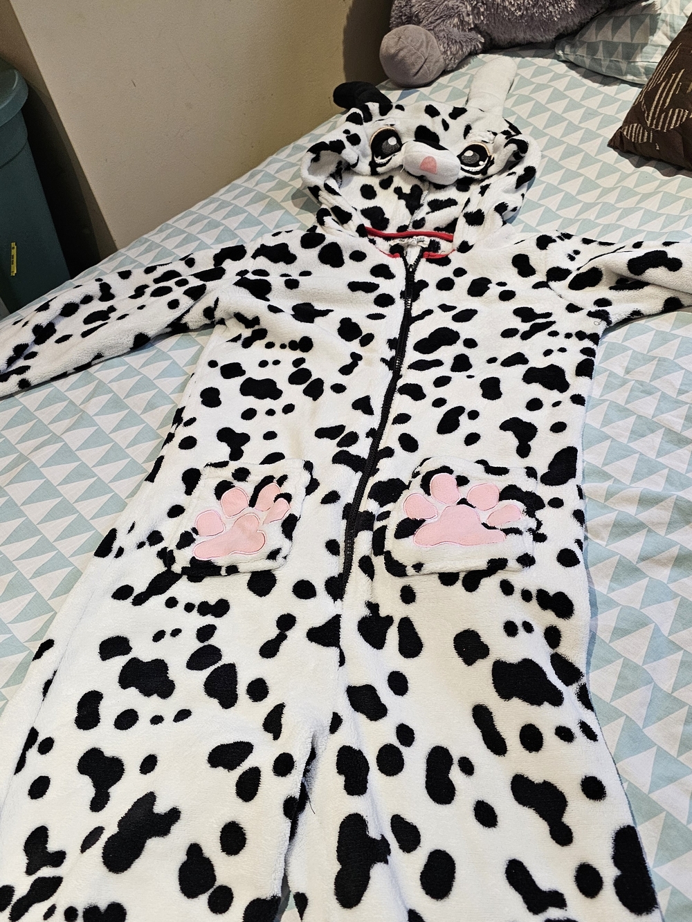 Kids Dalmatian Hooded Onesie Pajamas - White & Black with Pink Paw Accents